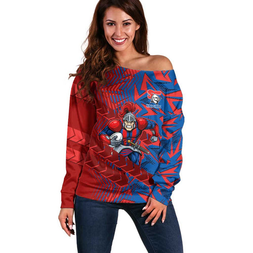 Newcastle Knights Rugby Off Shoulder Sweater Fierce Mascot Geometric Tribal Art