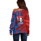 Newcastle Knights Rugby Off Shoulder Sweater Fierce Mascot Geometric Tribal Art
