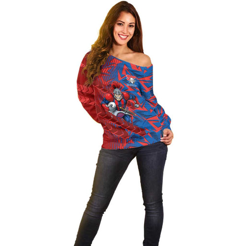 Newcastle Knights Rugby Off Shoulder Sweater Fierce Mascot Geometric Tribal Art