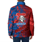 Newcastle Knights Rugby Padded Jacket Fierce Mascot Geometric Tribal Art