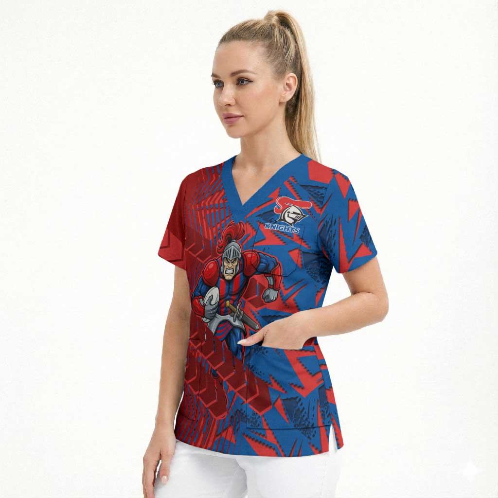 Newcastle Knights Rugby Scrub Top Fierce Mascot Geometric Tribal Art