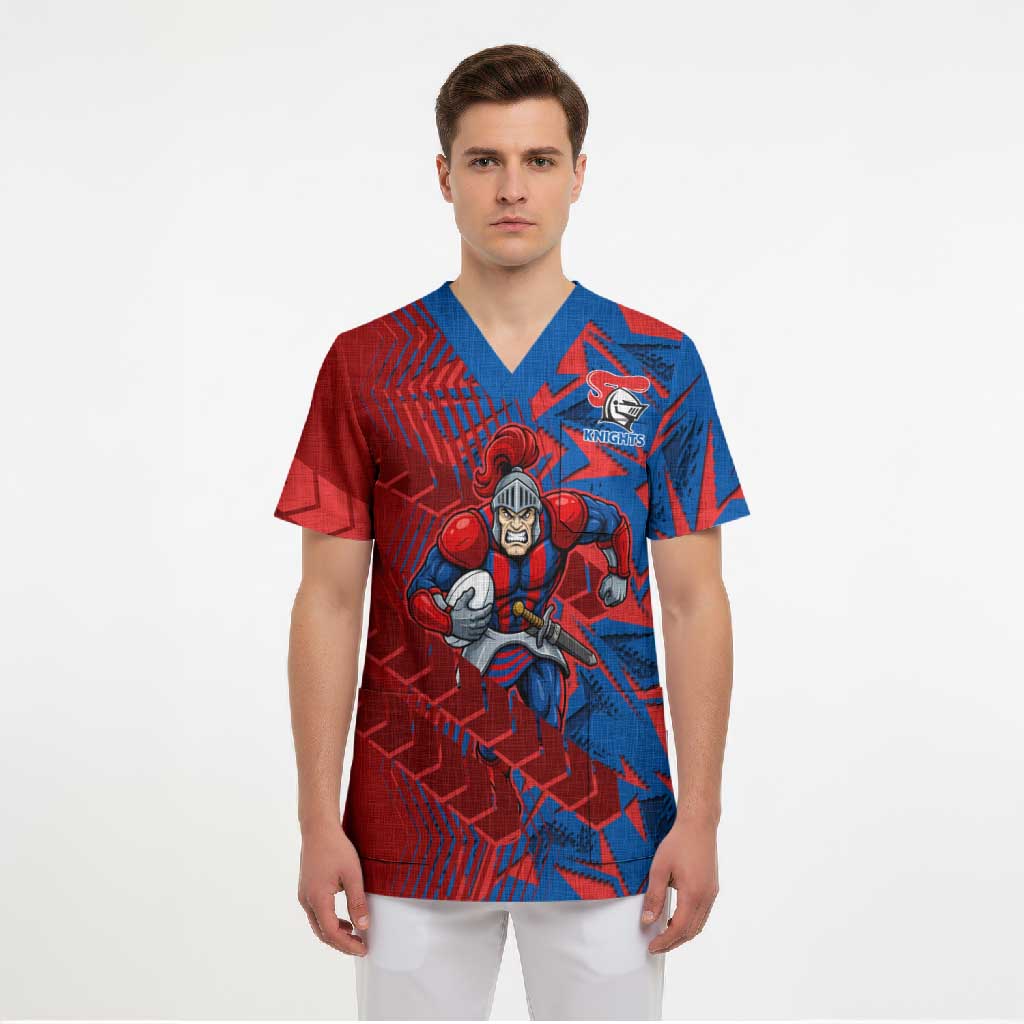 Newcastle Knights Rugby Scrub Top Fierce Mascot Geometric Tribal Art