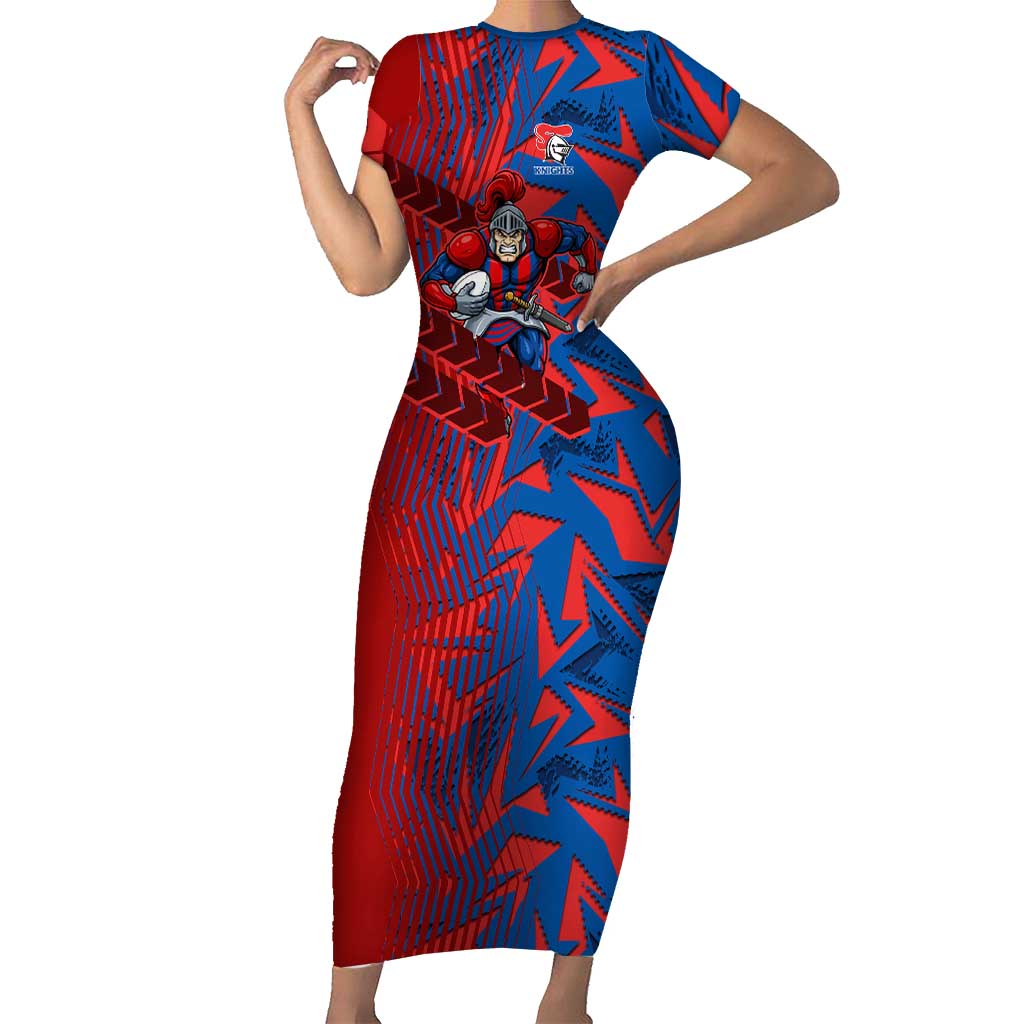 Newcastle Knights Rugby Short Sleeve Bodycon Dress Fierce Mascot Geometric Tribal Art