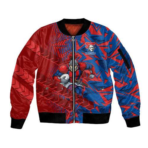 Newcastle Knights Rugby Sleeve Zip Bomber Jacket Fierce Mascot Geometric Tribal Art