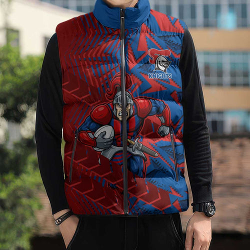 Newcastle Knights Rugby Sleeveless Puffer Jacket Fierce Mascot Geometric Tribal Art