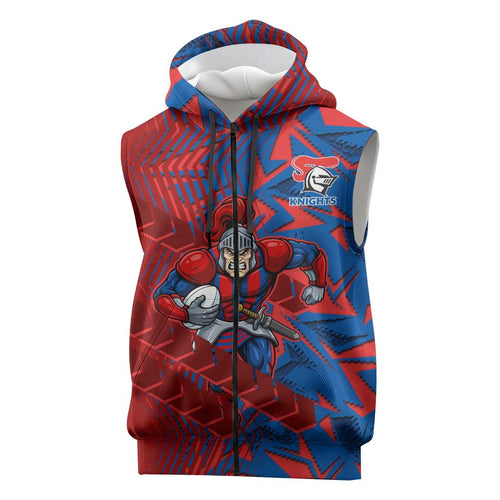 Newcastle Knights Rugby Sleeveless Zip Hoodie Fierce Mascot Geometric Tribal Art