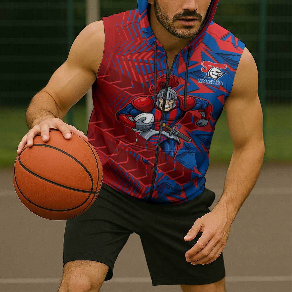 Newcastle Knights Rugby Sleeveless Zip Hoodie Fierce Mascot Geometric Tribal Art