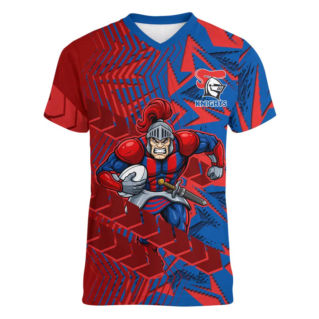 Newcastle Knights Rugby Women V-Neck T-Shirt Fierce Mascot Geometric Tribal Art