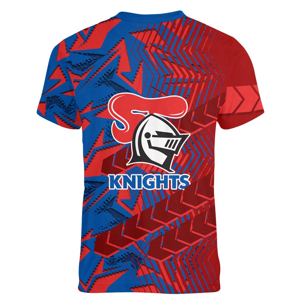 Newcastle Knights Rugby Women V-Neck T-Shirt Fierce Mascot Geometric Tribal Art