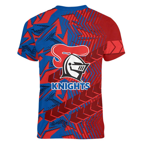 Newcastle Knights Rugby Women V-Neck T-Shirt Fierce Mascot Geometric Tribal Art