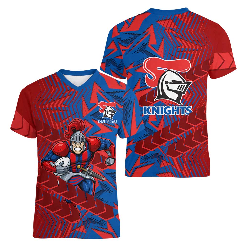 Newcastle Knights Rugby Women V-Neck T-Shirt Fierce Mascot Geometric Tribal Art