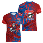 Newcastle Knights Rugby Women V-Neck T-Shirt Fierce Mascot Geometric Tribal Art
