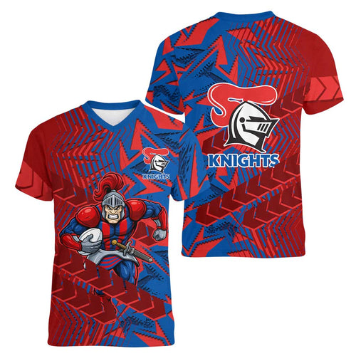 Newcastle Knights Rugby Women V-Neck T-Shirt Fierce Mascot Geometric Tribal Art