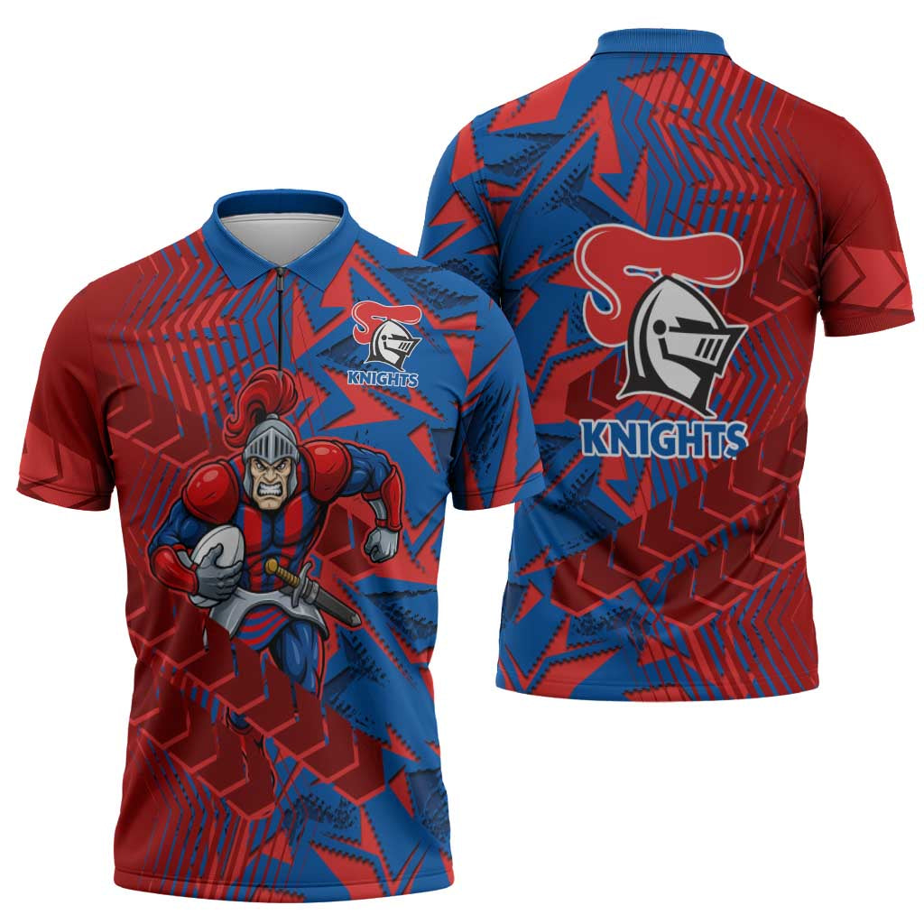 Newcastle Knights Rugby Zipper Polo Shirt Fierce Mascot Geometric Tribal Art