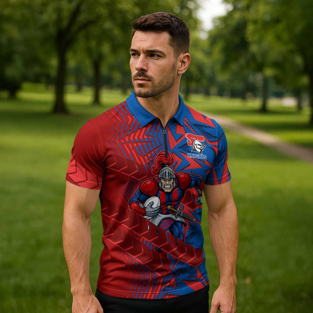 Newcastle Knights Rugby Zipper Polo Shirt Fierce Mascot Geometric Tribal Art