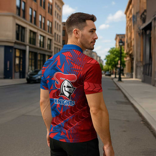 Newcastle Knights Rugby Zipper Polo Shirt Fierce Mascot Geometric Tribal Art