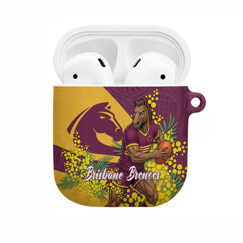 Brisbane Broncos AirPods Case Golden Wattle Floral Polynesian - Australian Flower - Rugby Mascot