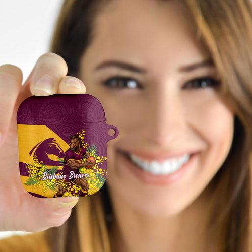 Brisbane Broncos AirPods Case Golden Wattle Floral Polynesian - Australian Flower - Rugby Mascot