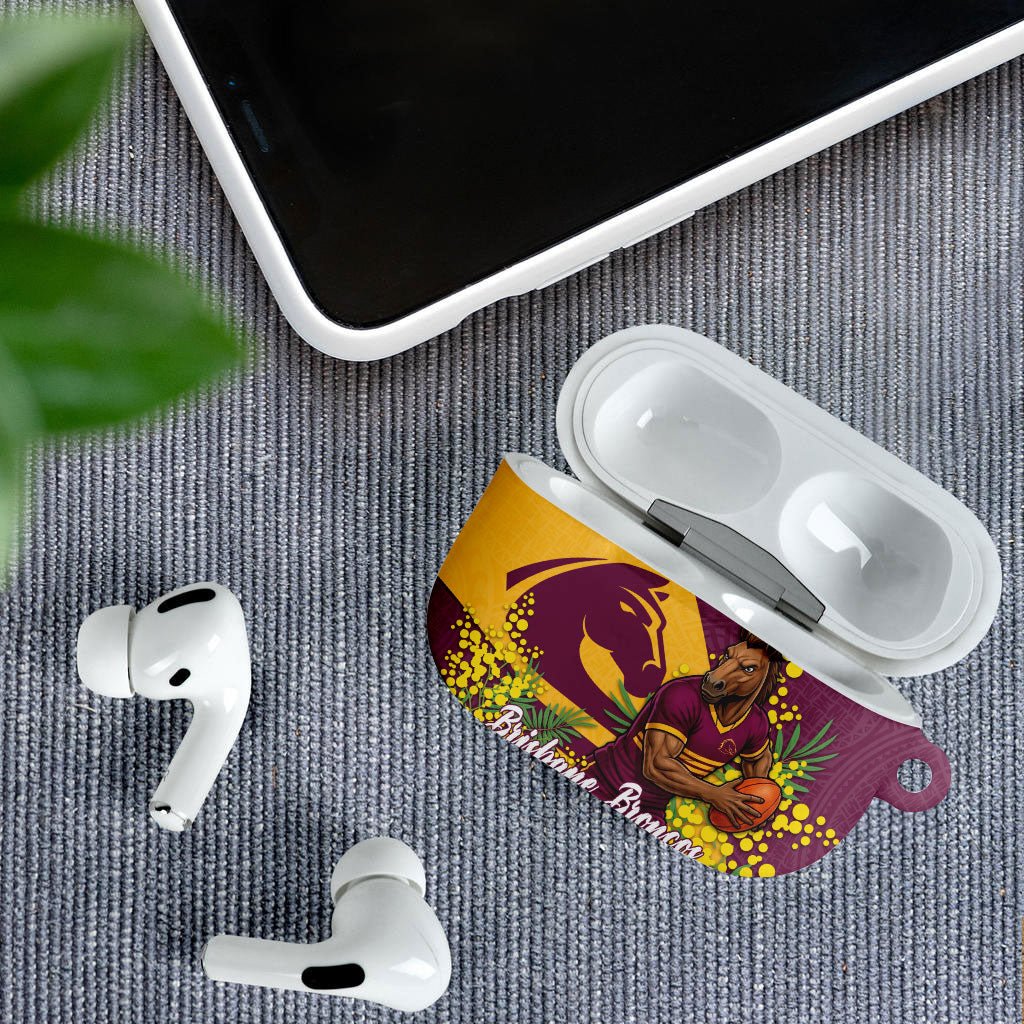 Brisbane Broncos AirPods Case Golden Wattle Floral Polynesian - Australian Flower - Rugby Mascot