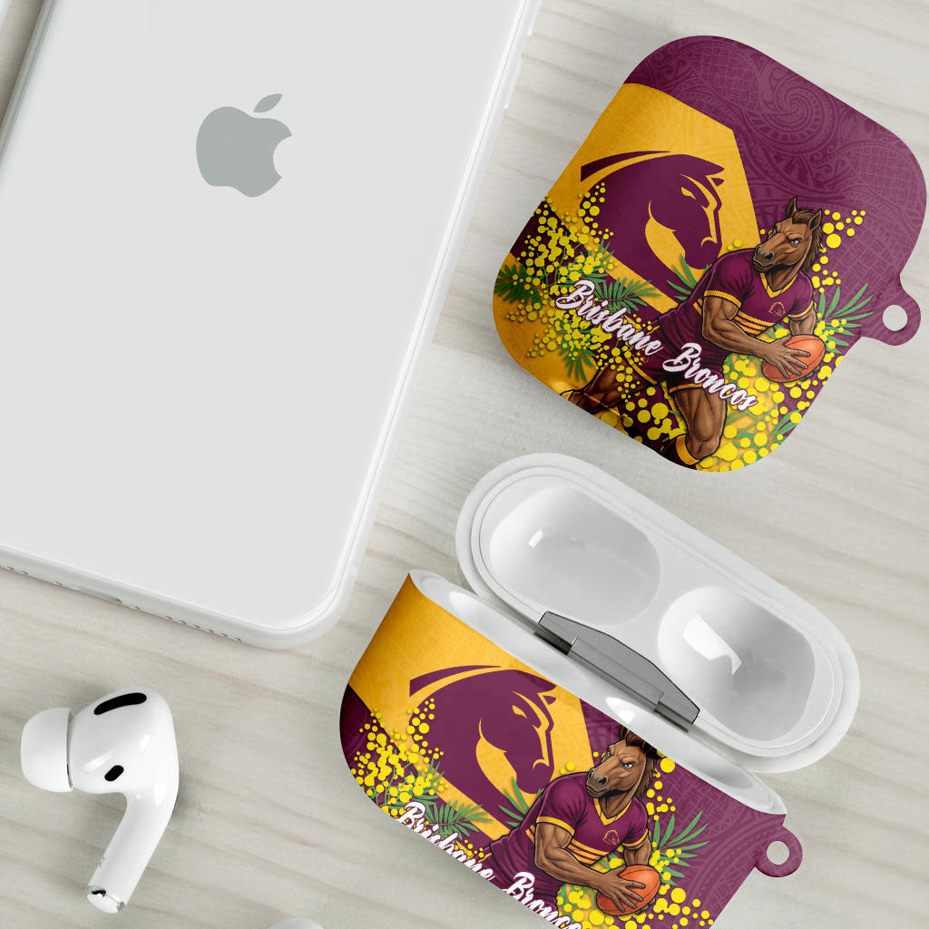 Brisbane Broncos AirPods Case Golden Wattle Floral Polynesian - Australian Flower - Rugby Mascot