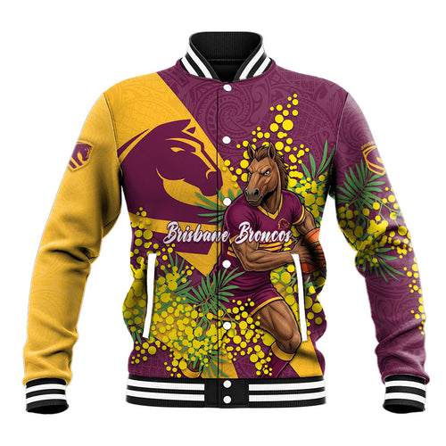 Brisbane Broncos Baseball Jacket Golden Wattle Floral Polynesian - Australian Flower - Rugby Mascot