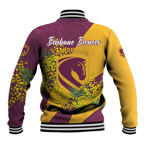 Brisbane Broncos Baseball Jacket Golden Wattle Floral Polynesian - Australian Flower - Rugby Mascot