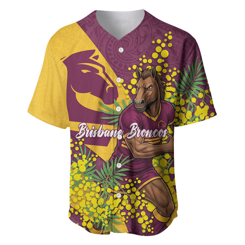 Brisbane Broncos Baseball Jersey Golden Wattle Floral Polynesian - Australian Flower - Rugby Mascot