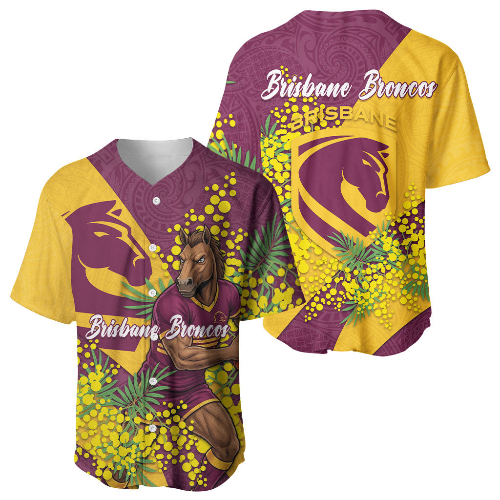Brisbane Broncos Baseball Jersey Golden Wattle Floral Polynesian - Australian Flower - Rugby Mascot