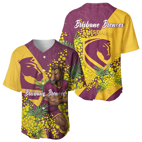Brisbane Broncos Baseball Jersey Golden Wattle Floral Polynesian - Australian Flower - Rugby Mascot