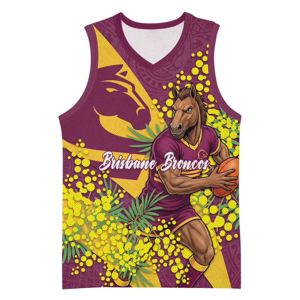Brisbane Broncos Basketball Jersey Golden Wattle Floral Polynesian - Australian Flower - Rugby Mascot