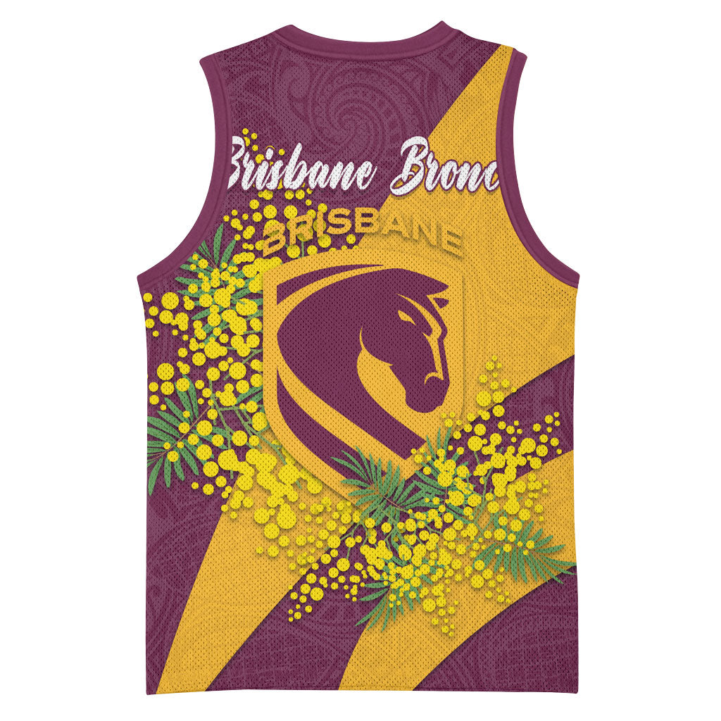 Brisbane Broncos Basketball Jersey Golden Wattle Floral Polynesian - Australian Flower - Rugby Mascot