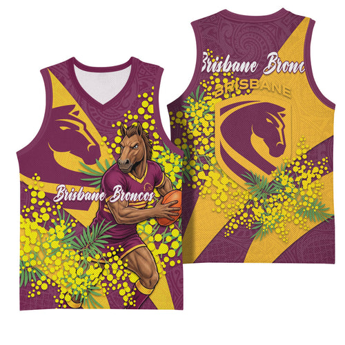 Brisbane Broncos Basketball Jersey Golden Wattle Floral Polynesian - Australian Flower - Rugby Mascot