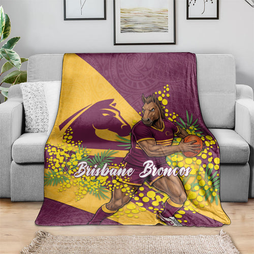 Brisbane Broncos Blanket Golden Wattle Floral Polynesian - Australian Flower - Rugby Mascot