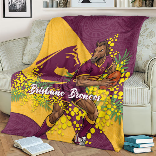 Brisbane Broncos Blanket Golden Wattle Floral Polynesian - Australian Flower - Rugby Mascot