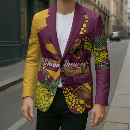 Brisbane Broncos Blazer Golden Wattle Floral Polynesian - Australian Flower - Rugby Mascot