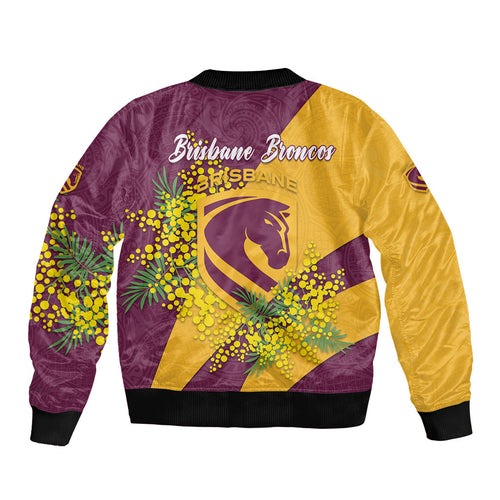 Brisbane Broncos Bomber Jacket Golden Wattle Floral Polynesian - Australian Flower - Rugby Mascot