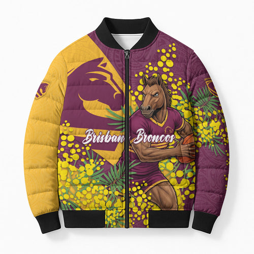 Brisbane Broncos Bomber Puffer Jacket Golden Wattle Floral Polynesian - Australian Flower - Rugby Mascot