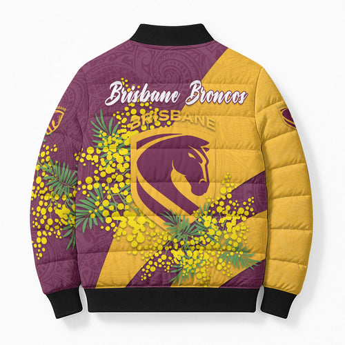 Brisbane Broncos Bomber Puffer Jacket Golden Wattle Floral Polynesian - Australian Flower - Rugby Mascot