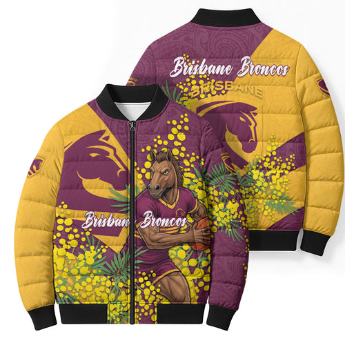 Brisbane Broncos Bomber Puffer Jacket Golden Wattle Floral Polynesian - Australian Flower - Rugby Mascot