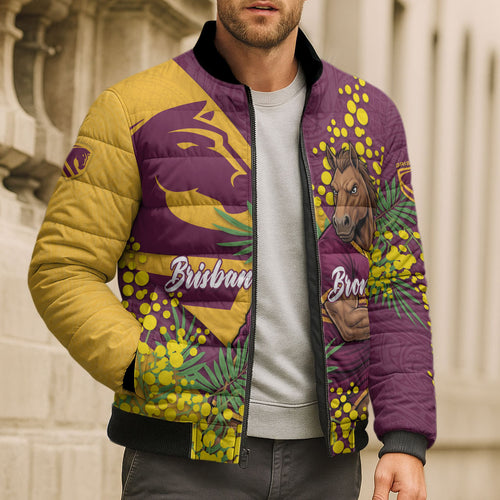 Brisbane Broncos Bomber Puffer Jacket Golden Wattle Floral Polynesian - Australian Flower - Rugby Mascot