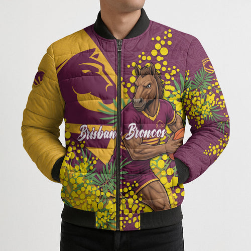 Brisbane Broncos Bomber Puffer Jacket Golden Wattle Floral Polynesian - Australian Flower - Rugby Mascot
