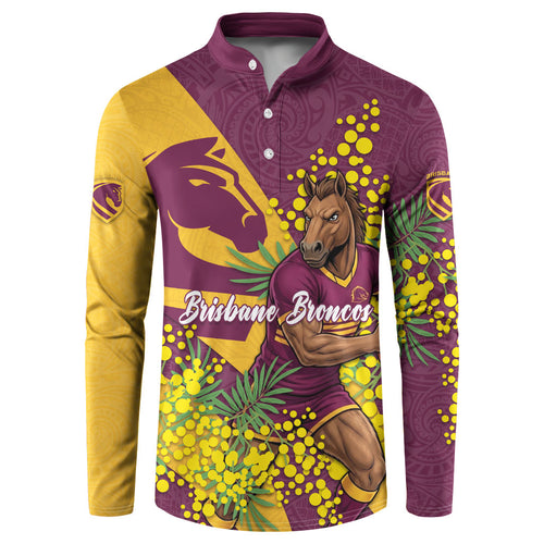 Brisbane Broncos Button Sweatshirt Golden Wattle Floral Polynesian - Australian Flower - Rugby Mascot