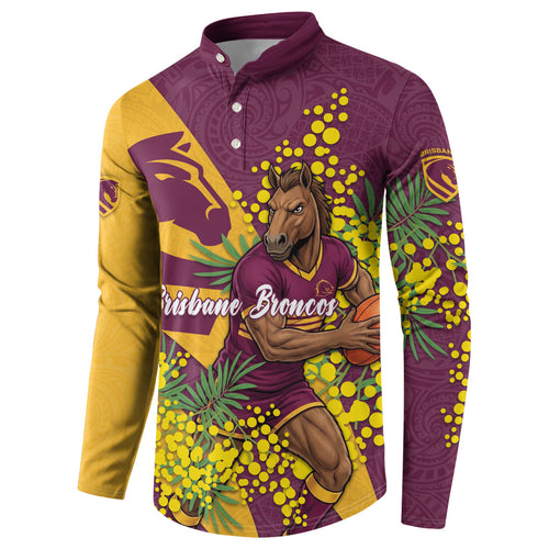 Brisbane Broncos Button Sweatshirt Golden Wattle Floral Polynesian - Australian Flower - Rugby Mascot
