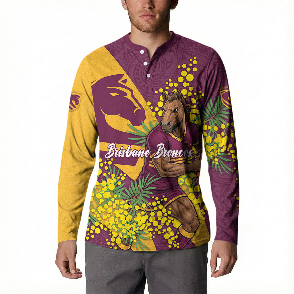 Brisbane Broncos Button Sweatshirt Golden Wattle Floral Polynesian - Australian Flower - Rugby Mascot