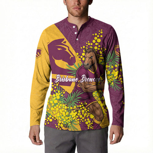 Brisbane Broncos Button Sweatshirt Golden Wattle Floral Polynesian - Australian Flower - Rugby Mascot