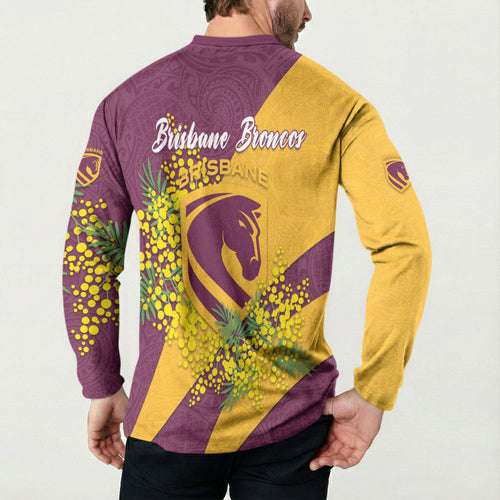 Brisbane Broncos Button Sweatshirt Golden Wattle Floral Polynesian - Australian Flower - Rugby Mascot