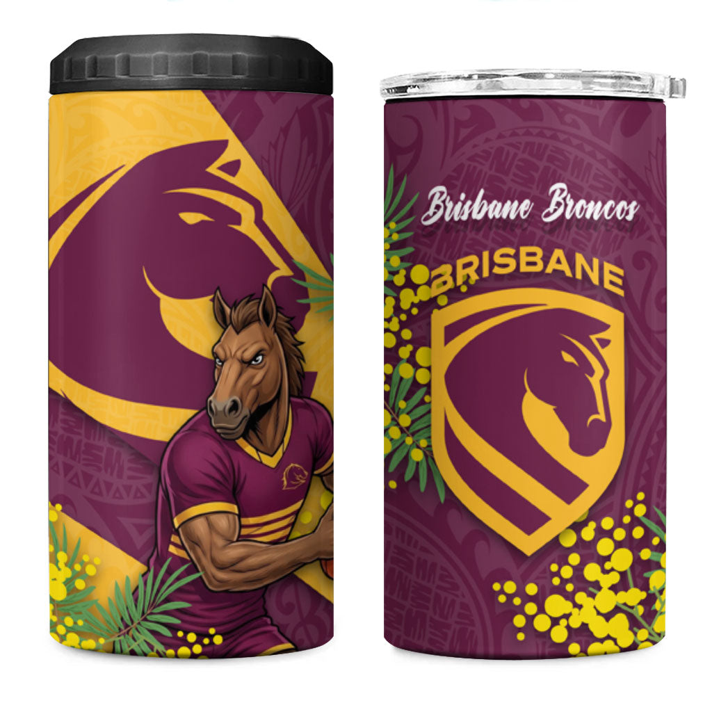 Brisbane Broncos 4 in 1 Can Cooler Tumbler Golden Wattle Floral Polynesian - Australian Flower - Rugby Mascot