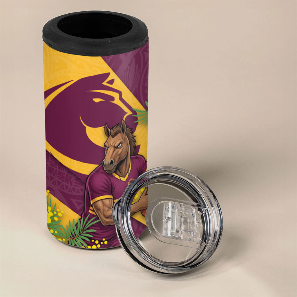 Brisbane Broncos 4 in 1 Can Cooler Tumbler Golden Wattle Floral Polynesian - Australian Flower - Rugby Mascot