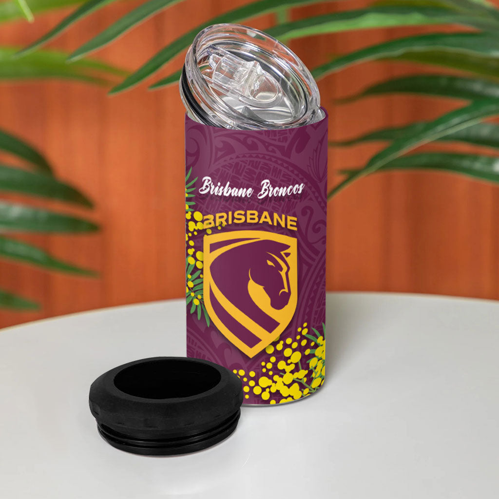 Brisbane Broncos 4 in 1 Can Cooler Tumbler Golden Wattle Floral Polynesian - Australian Flower - Rugby Mascot