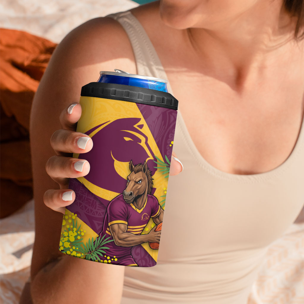 Brisbane Broncos 4 in 1 Can Cooler Tumbler Golden Wattle Floral Polynesian - Australian Flower - Rugby Mascot